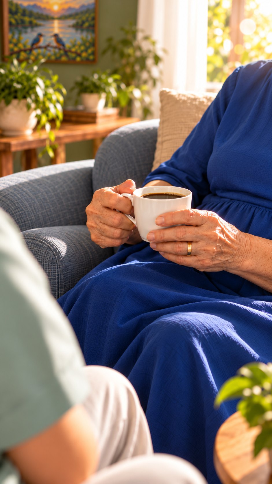 Mãos de uma senhora segurando uma xícara de café numa sala iluminada pelo sol, com um quadro de dois pássaros na parede